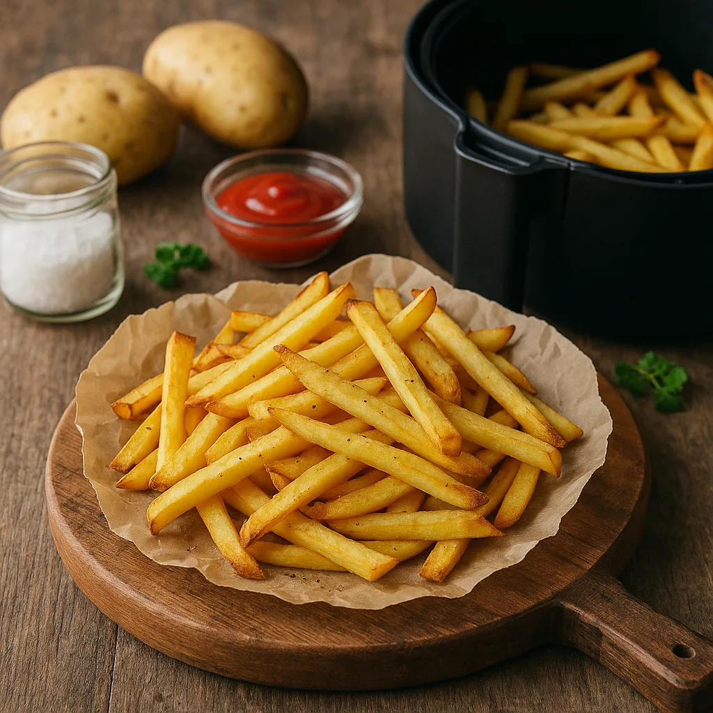 Patatas en freidora de aire crujientes en plato de madera