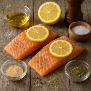 Ingredientes para salmón con limón y hierbas en freidora de aire