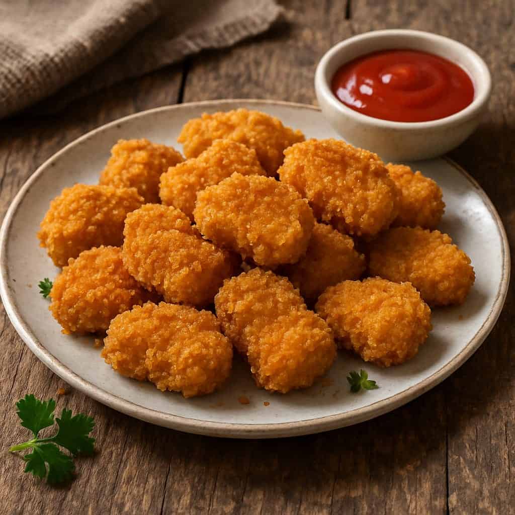 Plato de nuggets de pollo crujientes hechos en freidora de aire