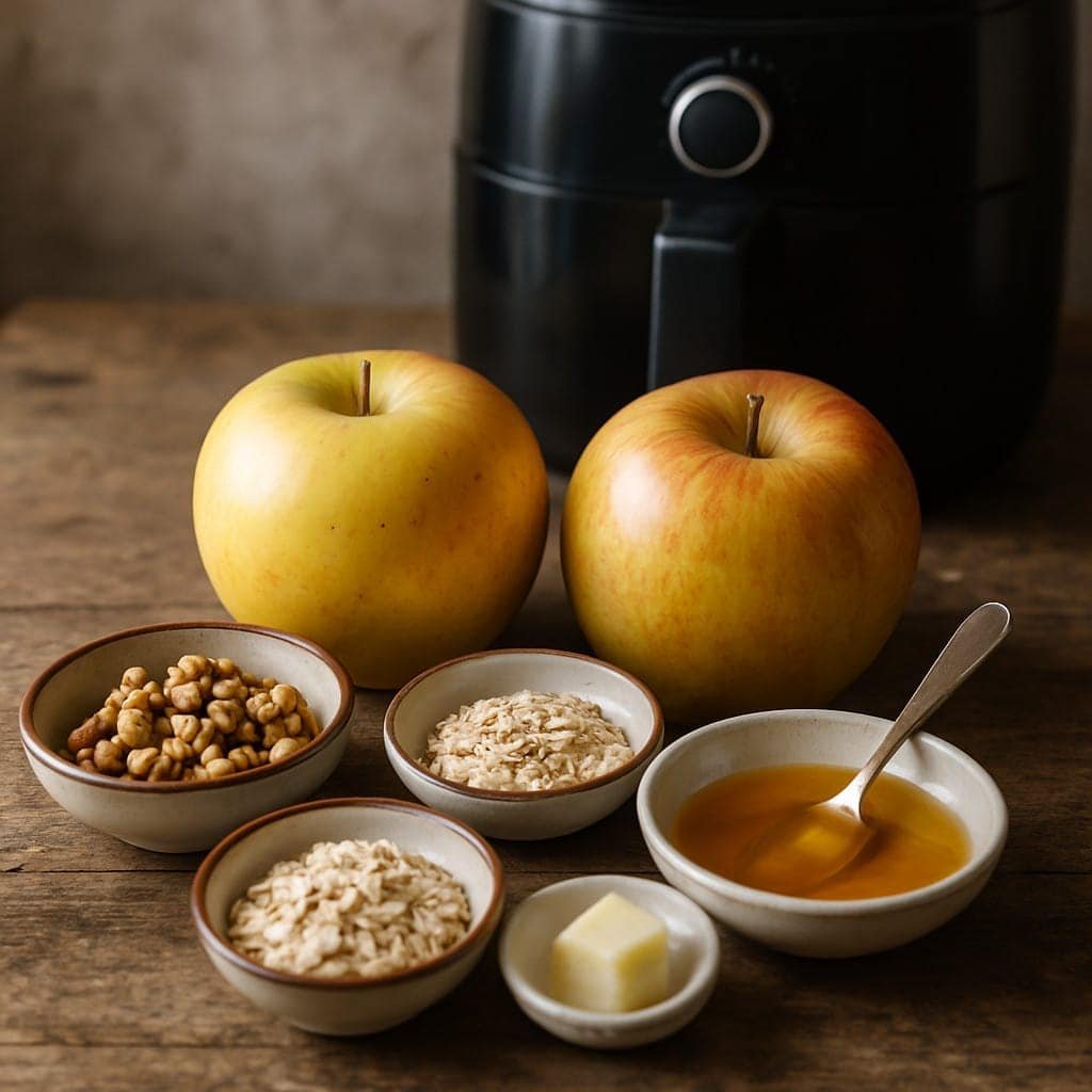 Ingredientes para la manzana rellena en freidora de aire: manzanas, nueces, canela y miel