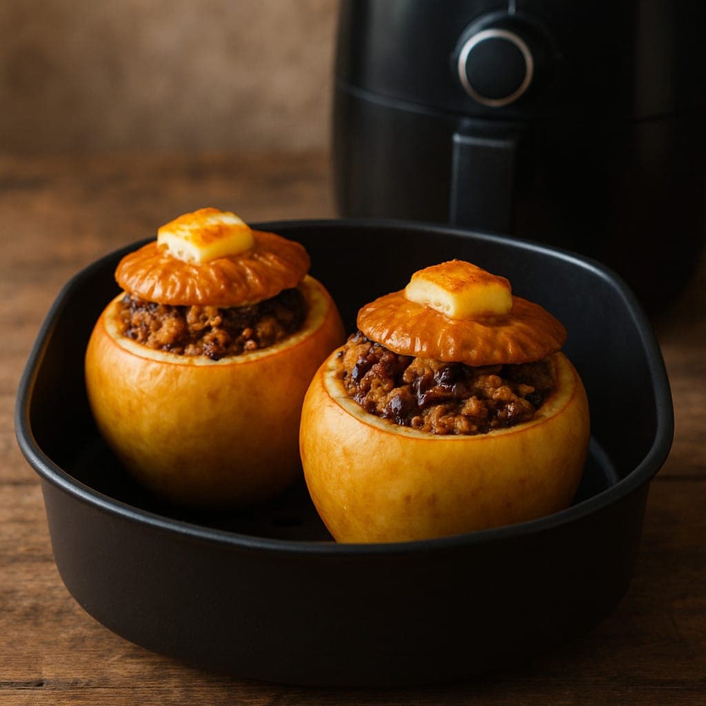 Manzana rellena de canela y nueces en freidora de aire servida en plato