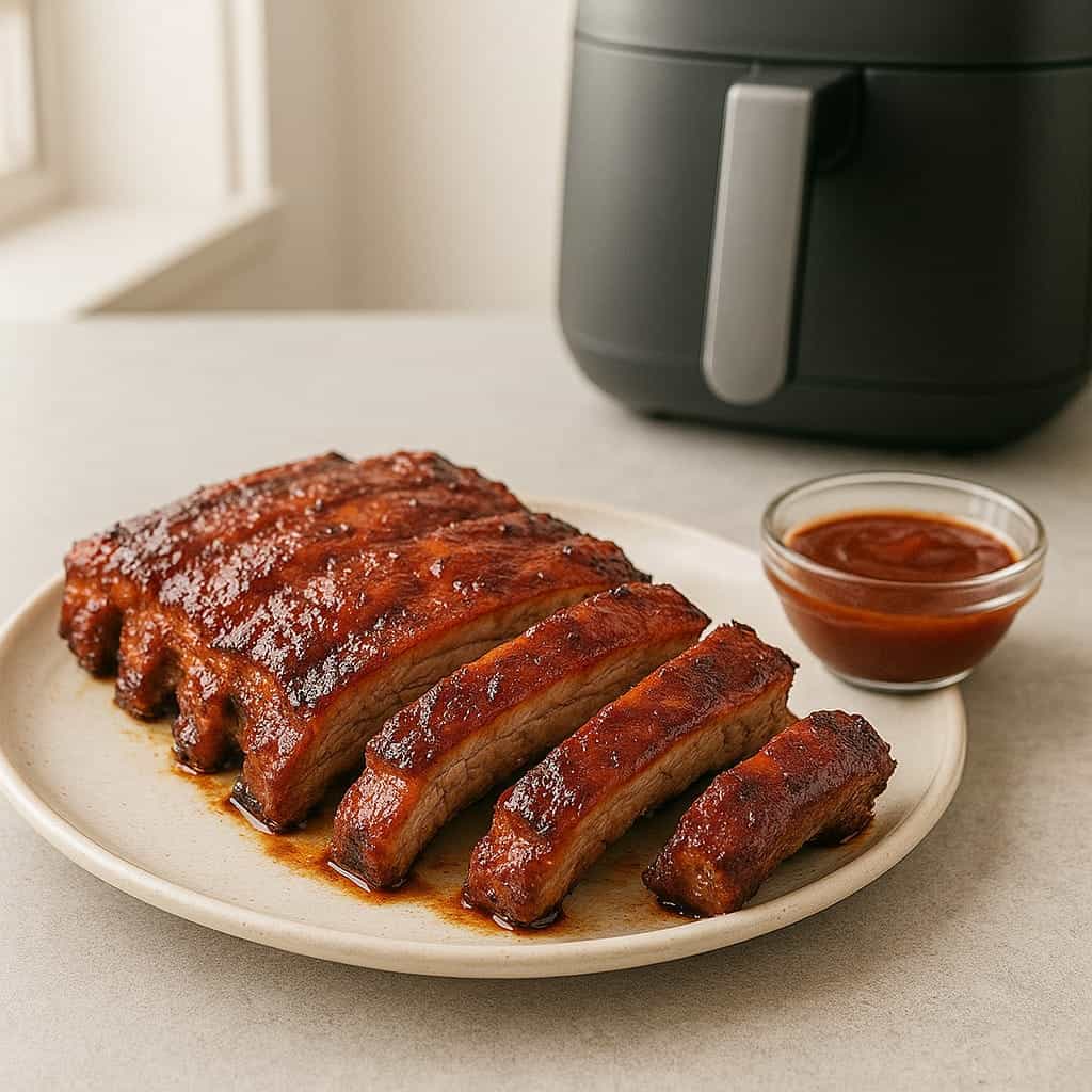 Costillas de cerdo en freidora de aire doradas con salsa barbacoa