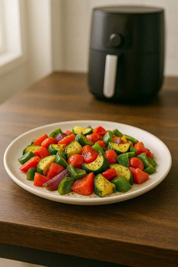Verduras asadas en freidora de aire servidas en un plato