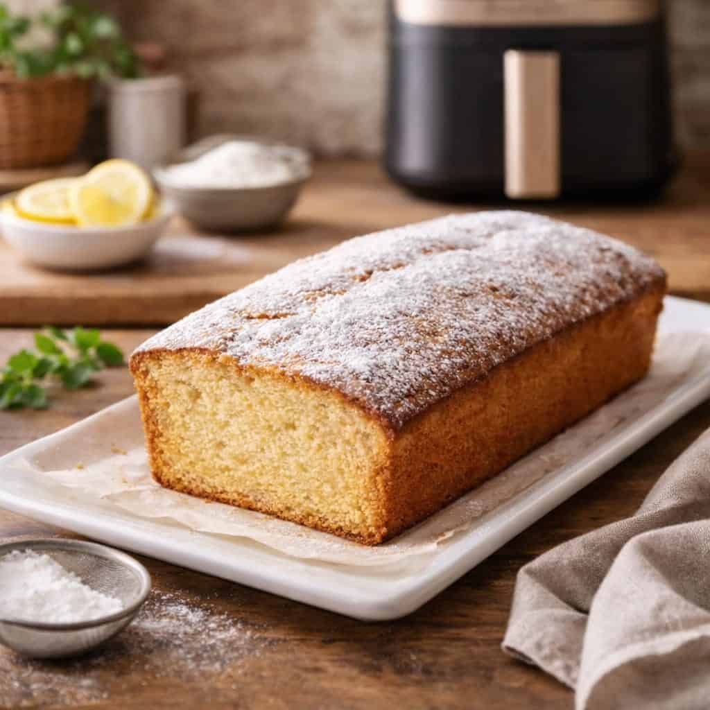 Corte de bizcocho de yogur en freidora de aire mostrando la miga esponjosa