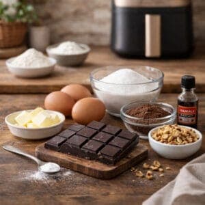 Ingredientes para hacer brownie en freidora de aire sobre la mesa