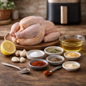 ingredientes pollo asado en freidora de aire sobre tabla de cocina