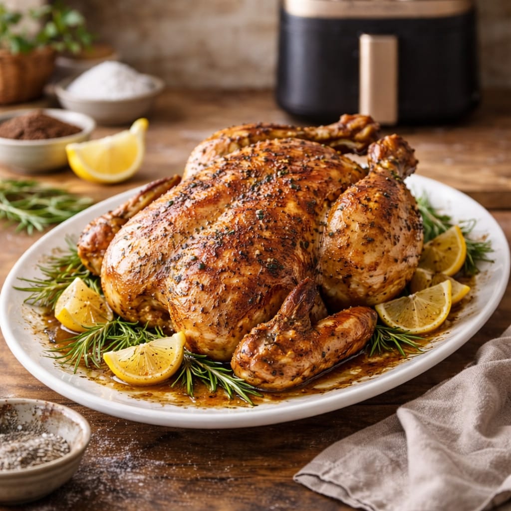 pollo asado en freidora de aire dorado y crujiente servido en fuente
