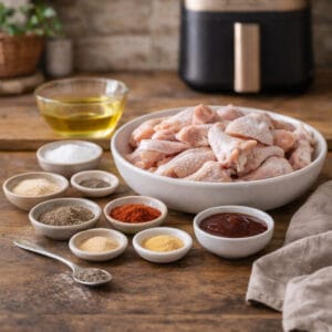 Ingredientes para alitas de pollo adobadas listas para la freidora de aire