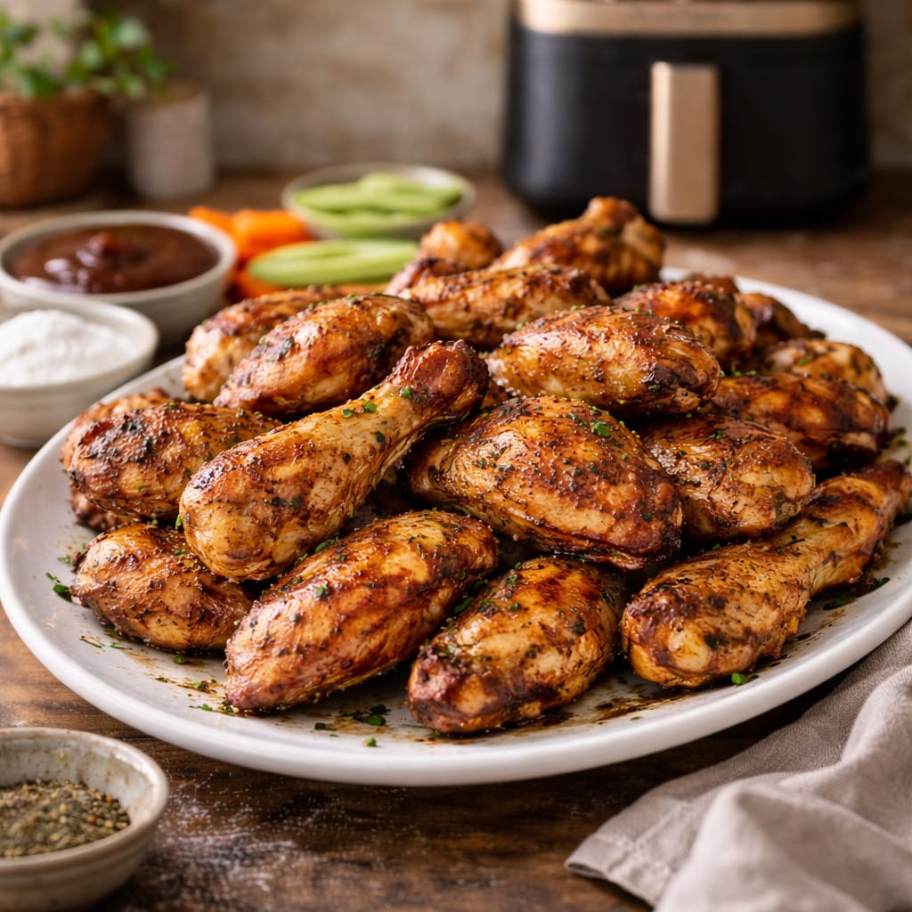 Alitas de pollo en freidora de aire, crujientes estilo barbacoa servidas en un plato