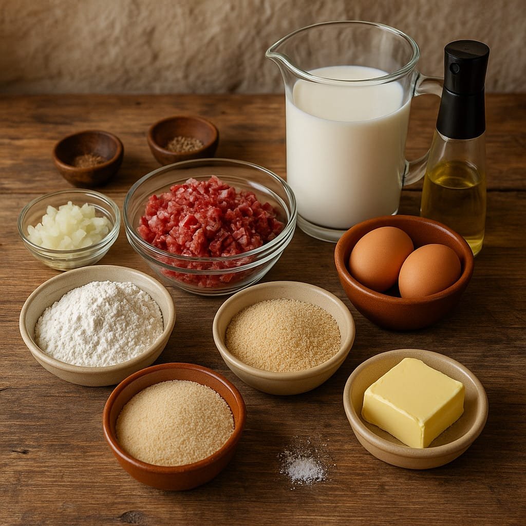 Ingredientes para hacer croquetas de jamón en freidora de aire: jamón, leche, harina, mantequilla, huevos y pan rallado