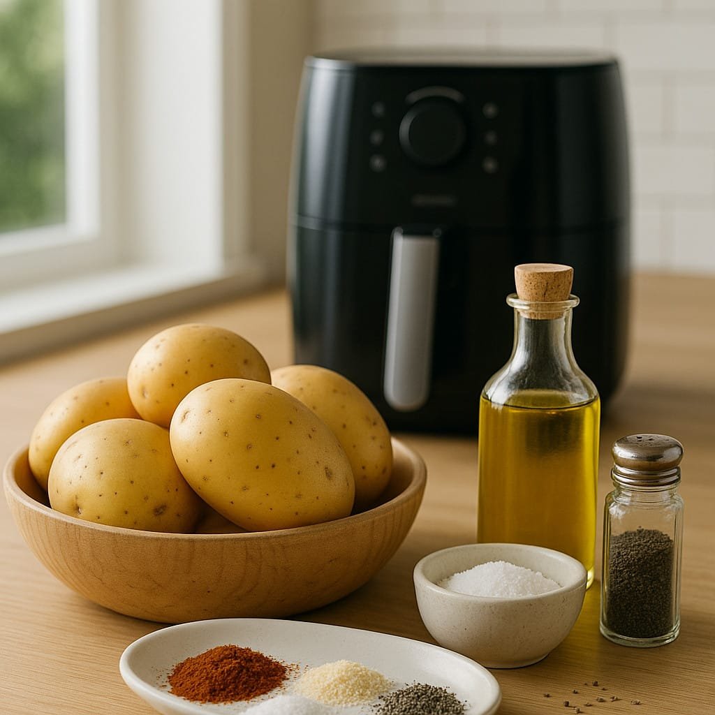 Ingredientes para hacer patatas fritas en freidora de aire: patatas, aceite de oliva, sal y especias